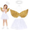 Fennoral 3tlg Engel Kostüm Kinder, Engelsflügel mit Weiß Tutu Rock Halo Stirnband, Gold Federflügel Heiligenschein Mädchen, Christkind Krippenspiel Angel Cosplay Kinderkostüm für Karneval Fasching