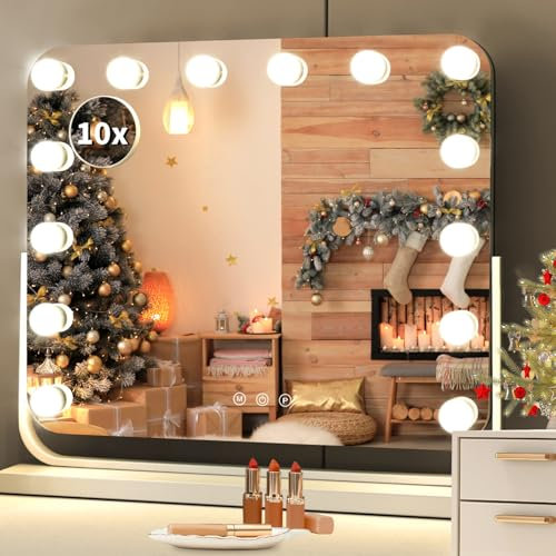 MAMIZO Hollywood Schminkspiegel mit Beleuchtung,360° Drehbarer,60x53cm,14 LED Dimmbar,Spiegel mit Licht,USB,Touch-Steuerung und 3 Lichtfarben,10x Lupe,Wandspiegel,Tischspiege,Make-up-Spiegel