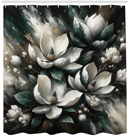 ABAKUHAUS Vert Foncé Rideau de Douche, Peinture Profonde De Jardin Abstrait avec des Fleurs De Magnolia, Material Resistente al Agua Durable Estampa Digital, 175 cm x 200 cm, Gris foncé Blanc cassé