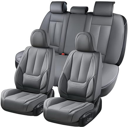 Coverado Sitzbezüge Vorne und Hinten 5 Stück, Wasserdichtes Kunstleder Auto Sitzschutz Komplettset, Universal Fit für die meisten Limousinen SUV Pick-up Truck, Grau