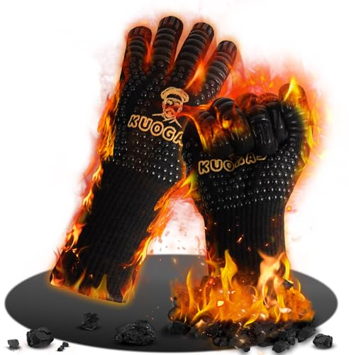 KUOGAS Grillhandschuhe Hitzebeständig bis 800°C, Ofenhandschuhe Topfhandschuhe Feuerfeste Handschuhe BBQ Handschuhe Kochhandschuhe Backhandschuhe Backofenhandschuhe, aus Baumwolle (Black, M)