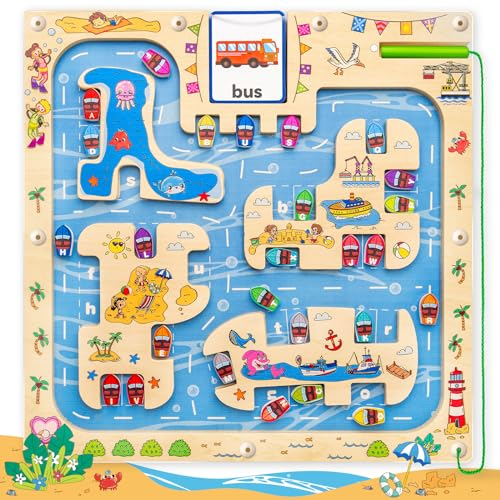 Montessori Spielzeug ab 2 3 4 Jahre, Commodum Labyrinth Puzzles, Magnetspiel Labyrinth Spielzeug, Magnetische Spielzeuge, Holzspielzeug Alphabet&Wortschatz Lernspiele, Ostergeschenke für Kinder 3+