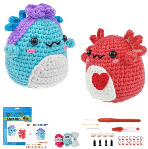 Häkelset für Anfänger, Häkelsets für Kinder und Erwachsene mit Schritt-für-Schritt-Video-Tutorials, Häkelliebhaber wählen lieber Häkelset, Häkel-Starter-Set enthält extra Garn (Axolotl-Familie)