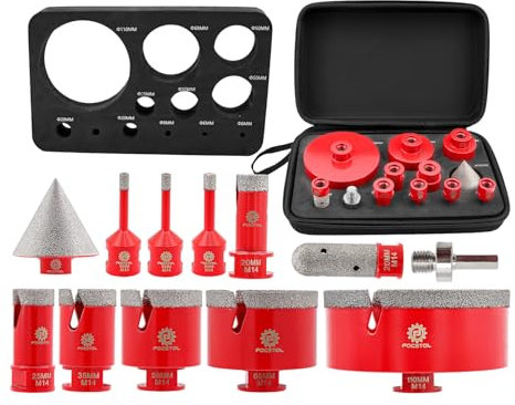 FOCSTOL Foret Diamant Carrelage Kit - 12 pièces (6/6/8/20/25/35/50/68/110mm+20mm Fraise+50mm Mèches Chanfrein Biseautées+Adaptateur) Scie Cloche Diamantée pour Porcelaine Carrelage Marbre Granit