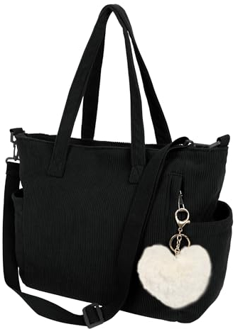 Auliuse Cord Tote Bag Groß Damen Umhängetasche,Cord Shopper Tasche Damen Handtasche,Fashion Schultertasche Tote für Alltag Büro Schule Reise Einkaufen,Schwarz