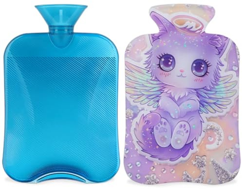 Cute Angel Cat Hot Water Bottle with Cover 2L Large Capacity Bottle Water Bag for Cosy Nights Relief Pain Back Neck and Shoulders