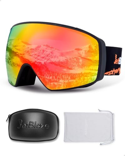 JetBlaze Skibrille Herren Damen OTG Skibrille mit Wechselglas für Brillenträger Schneebrille Anti Nebel Snowboardbrille Ski Goggles für Skifahren Kompatibler Helm Sphärisch Verspiegelt Rot Linse