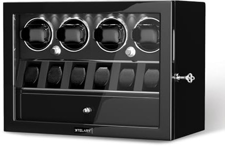 XTELARY Uhrenbeweger,Schwarz Abschließbarer Uhrenbeweger für 4 Automatikuhren mit Schmuckaufbewahrung, 4 Rotationsmodi, Weißes LED-Licht, Superleiser Motor und Federuhrkissen für Herren und Damen