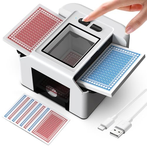 ShinePick Kartenmischmaschine Elektrische für 1-2 Decks, One-Press Auto & Manueller Wiederaufladbarer 2000mAh Geräuscharm Kartenmischgerät für UNO, Skip BO, Poker, Blackjack (Weiß)