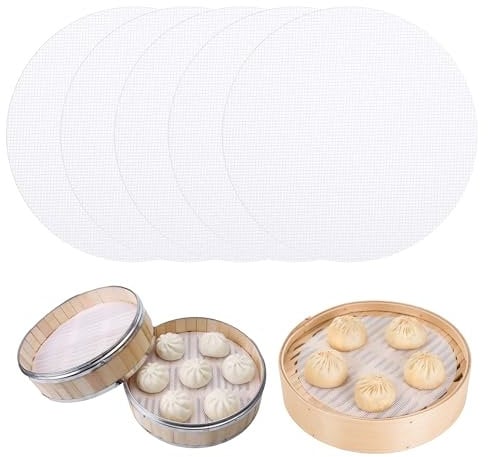 5Pcs Round Silicone Steamer Liners Mat, 20cm Silicone Steamer Mesh Mat for Dumplings Buns, Non-Stick Dim Sum Mesh, Reusable Steamer Liners, Food-Grade Silicone for Home Kitchen Steamed Dishes