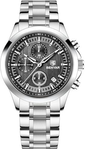 BENYAR Herrenarmbanduhr Chronograph – Elegante Quarzuhr mit Edelstahlband, 30M wasserdicht, Leuchtzeiger & Kalender | Herrenuhr für Business, Freizeit & besondere Anlässe