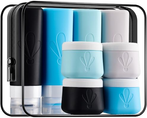 INSFIT Travel Bottles and Jars Set for Toiletries, 8-Pack CAA Approved, 90ML Travel Bottles and 60ML Cosmetic Jars for Creams, Leak Proof Travel Size Containers for Shampoo Conditioner