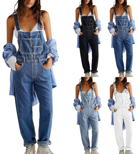 Salopette da donna lunghe, oversize, in jeans, larghi, con bretelle, bianco, s