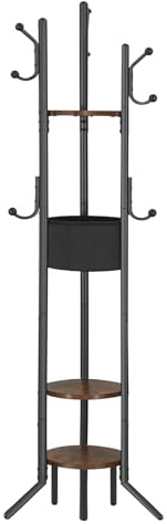 HOOBRO Garderobenständer mit Ablagen, Freistehender Kleiderständer mit Korb, 6 Stützbeine, 9 Haken, Kleidung, Taschen und Hüte, Eingangsbereich, Flur, Schlafzimmer, Vintagebraun und Schwarz EBF45YM01