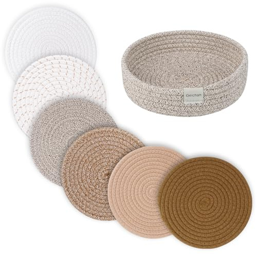Geichan 8inch Trivets for Hot Dishes, Placemats Set of 6 with Storage Basket,Hot pots and Pans, Extra Large Thick Heat Resistant Large Coasters,Pot Holders for Kitchen (Yellow Series)