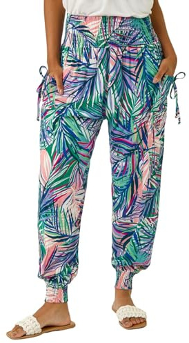 Roman Originals Wave Print Stretch Hareem Trousers for Women UK - Ladies Everyday Holiday Spring Summer Comfy Soft Evening Vacation Work Party - Turquoise - Size 12