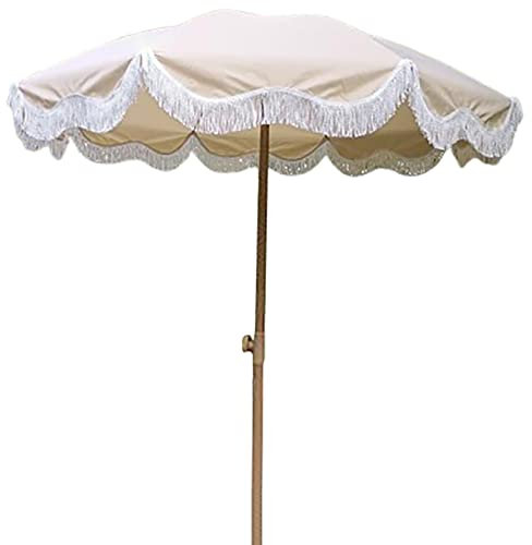 2m Khaki with Tassel Garden Vintage Patio Outdoor Beach Parasol, Tiltable Market Table Umbrella UV Protection - No Base
