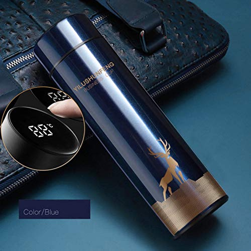 Vacuum Insulated Flask 500ml,LED Display Smart Water Bottle, Stainless Steel Elk Print Thermal Cup,Travel Mugs,Stainless Steel Drink Flasks Gift for Christmas, Cycling, Gym, Home, Office (Blue)