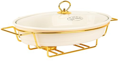 FESTA ITALIA Auflaufform Keramik mit Deckel - 3L - Lasagne Oval Form Groß - Weiss Auflaufformen mit Ständer Tealight - Ofenform - Backform - Lasagneform - Casserole Dish - Großkeramik