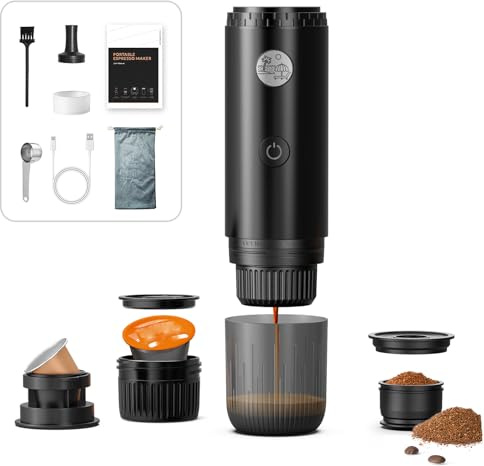 HAILASRE Portable Espresso Machine,20Bar,7800mAh Rechargeable,3-in-1 for Nespresso、DG Capsules&Ground Coffee, With self-Heating,One-Button Extraction,Electric coffee maker for car、camp、climb(Black)
