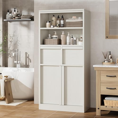 GarveeMore Badezimmerschrank, Badschrank Stehend Mit Offenen Fächern, Türen & 2 Schubladen, Aufbewahrungsschrank Für Bad, Wohnzimmer, Küche & Vorratsraum, Schrank, 30 x 60 x 120 cm, Weiß