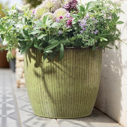 Hometopia Groß Keramik Blumentopf Ø30 × H28 cm, Rund Deko Pflanztopf | Innen Außen Blumentopf Olivgrün mit Drainageloch und Gummistopfen, Glänzender Pflanztopf für Balkon, Garten & Terrass
