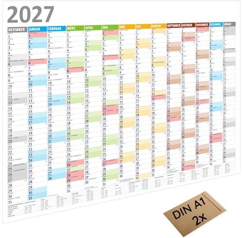 MARZEI24® Din A1 Wandkalender 84,1 cm x 59,4 cm für 2027 Kalender Planer O2 | Mengenrabatt, 14 Monate, Papier: 135 g/m², Kalenderwochen, Schulferien, Gefaltet auf Din A4, Feiertage, Jahresplaner, Termine