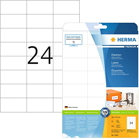 HERMA 4390 Adressetiketten, 25 Blatt, 70 x 37 mm, 24 pro A4 Bogen, 600 Stück, selbstklebend, bedruckbar, matt, blanko Papier Adressaufkleber Etiketten, weiß