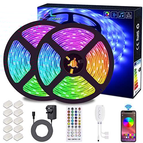ALED LIGHT Bluetooth LED Strip 10M Waterproof Light Music Sync Color Changing RGB 12V 5050 Cuttable Sticky Light with Remote&App Control Lights for Indoor Outdoor Party TV Kitchen Decoration(2x5m)