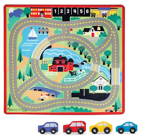 Melissa & Doug Round the Town Road Rug & Car Set (Cars & Trucks, Safe for All Floors, 4 Wooden Cars, Frustration-Free Packaging)
