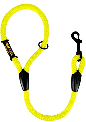Guinzaglio corto in corda per cani. Giallo, 60 cm. | Corda intrecciata in poliestere da 12 mm, robusta e adatta all’uso quotidiano, per cani medi e grandi, prodotta in Spagna.