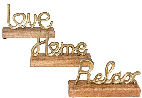 3er Set Schriftzug Love Home Relax Gold Mango Holz Metall Aufsteller Deko Buchstaben Tischdeko