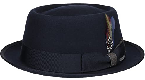 Stetson Granvell Pork Pie Wollhut - Unifarbener Hut mit Federn - Klassischer Filzhut aus Schafswolle - Herren - Wasserabweisend - Herbst & Winter dunkelblau S (54-55 cm)