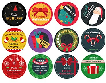 colortouch 48 Stück Aufkleber Weihnachten (Deutsch), Geschenk Serie, 12 verschiedene Designs, Weihnachtsaufkleber für Geschenke, Rund, Fröhliche Weihnachts Etiketten zum beschriften, Selbstklebend