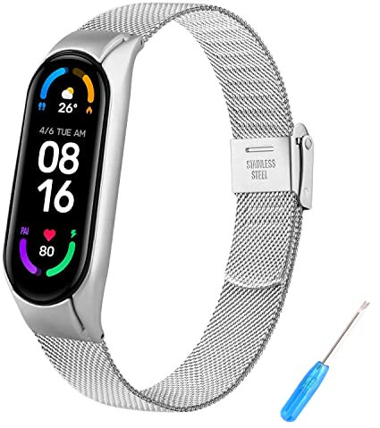 Tobfit Correa Compatible con Xiaomi Mi Band 6 / Xiaomi Mi Band 5, Pulsera de Acero Inoxidable de Metal Ajustable Mejorado (Plata)