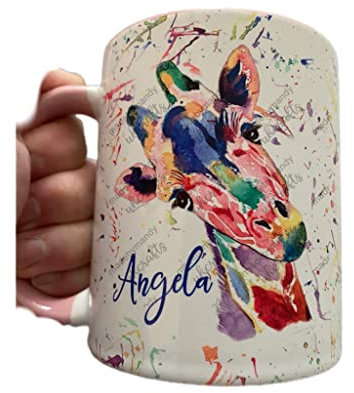 Personalised - Giraffe themed 11oz coffee mug with splatter background - excellent gift for all occasions (Pink)