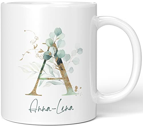 JUNIWORDS Tasse, Anna-Lena, Name Anfangsbuchstabe Initial Alphabet Floral Buchstabe A Monogramm Motiv, Weiß (5434469)