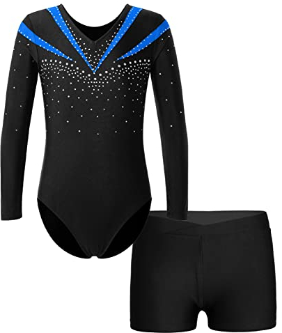 iEFiEL Kinder Mädchen Turnanzug Gymnastik Outfits Glitzer Trikot mit Shorts Tanz Akrobatik Bodysuit V-Ausschnitt Sport Anzug Blau 146-152