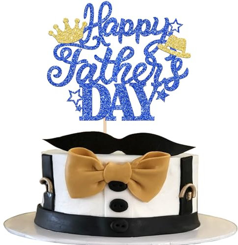 Xsstarmi 1 Pack Happy Father's Day Cake Topper Glitter Best Dad Cake Pick with Hat Crown Love Dad Cake Decorations for Happy Father's Day Birthday Party Supplies Blue