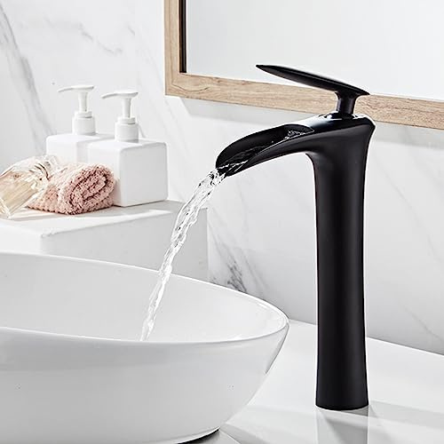 Armatur Aufsatzwaschbecken 1 Loch Wasserhahn Wasserfall Messing Waschtischarmatur Hoher Auslauf,Schwarz