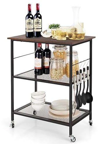 GiantexUK Kitchen Baker's Rack, 3 Tier Serving Cart Microwave Stand with Shelves, Lockable Wheels & 5/10 Hooks, Rolling Storage Trolley for Home Office Living Room(Brown + Black, Lower Mesh Shelves)