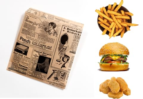 Tocnvoe - 100 pcs Greaseproof Paper for Food, Old Brown Newspaper Pattern, 19X17 cm, Paper Bag, Wrap Bag, Durable, Moisture and Grease Resistant, for Sandwiches, Hamburgers, Snacks