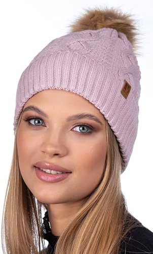 HEYO Damen Mütze Weiche Wintermütze mit Kunstfellbommel Leichte Bommelmütze Beanie Strickmütze gefüttert Mädels (Rosa)