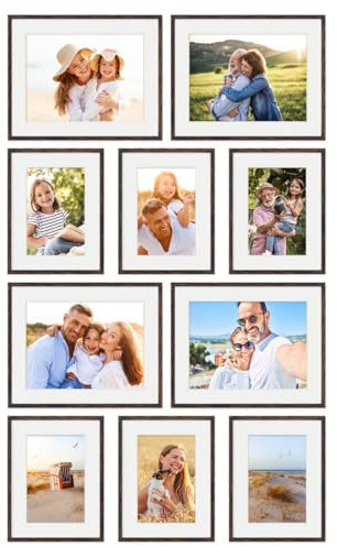 PHOTOLINI dunkle Eiche Bilderrahmen Set verschiedene Größen, 10 MDF Holz Bilderrahmen mit Passepartout, Bilder Rahmen Acrylglas, Bilderrahmenset zum Aufhängen, Fotowand Fotorahmen Set & Zubehör
