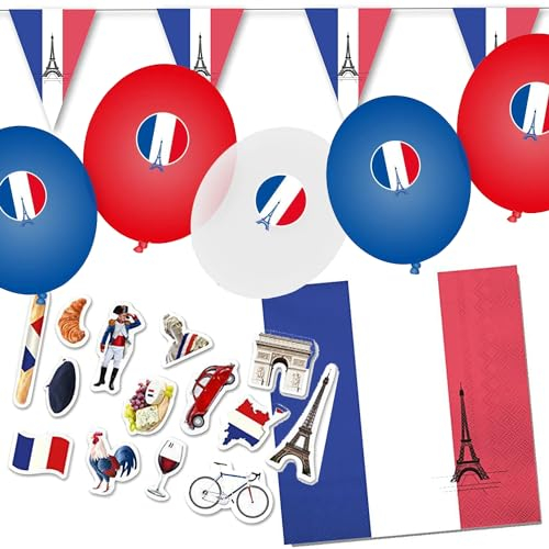 Deko-Set * FRANKREICH * für Länderparty, Mottoparty und Event | 72 Teile mit Servietten + Konfetti + Wimpelkette + Luftballons | Party Deko Dekoration Partydeko Fahne Flaggen (Frankreich)
