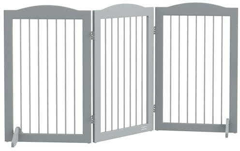 PawHut Foldable Dog Gate, Freestanding Pet Gate with Two Support Feet - Grey