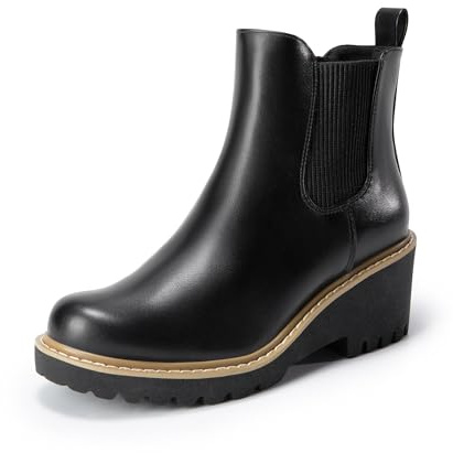 DREAM PAIRS Chelsea ankelstövlar för kvinnor, låg kilklack, bekväma plattformsstövlar, rund tå, slip-on-stil, lätt att ta på, 41 EU