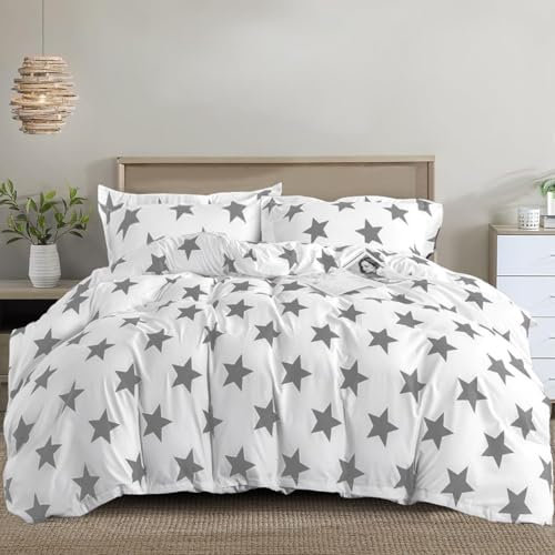 Imperial Rooms King Size Duvet Cover Sets Soft Printed Bedding Set Premium Brushed Microfiber Duvet Covers with Pillowcases (Grey Star 230x220 CM)