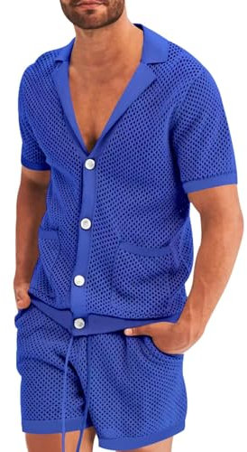 Rrongwn Herren 2 Stück Sexy Transparent Schlafanzug Sommer Hohlen Netz Hausanzug Durchsichtig Kurzarm Hemden und Shorts Set Männer Mode Sleepwear Revers Knopfleiste Loungewear mit Taschen