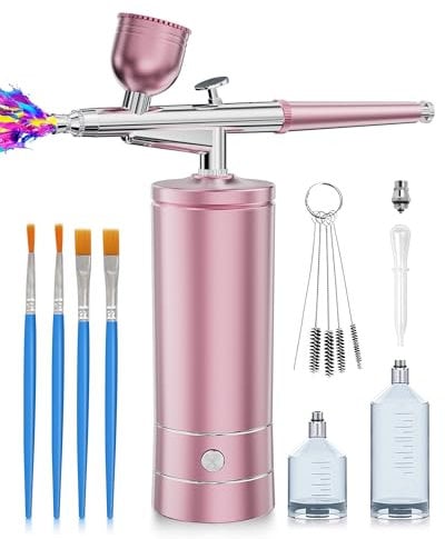 Airbrush Kit with Compressor, Portable Airbrush for Nails, Rechargeable Cordless Air Brush Set, Handheld Airbrush Gun Machine for Nail Art, Makeup, Painting, Cake Decor (Pink)